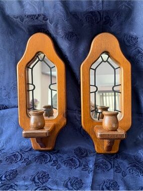 Pair Of VTG Wooden Mirrored Wall Sconce Candle Holders